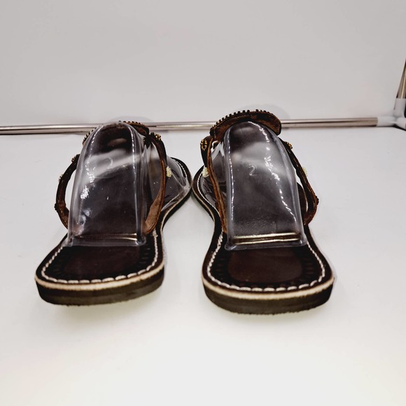 Chocolate Brown Boho Handbeaded leather flip flop flat sandals EU 37 US 6.5 9" L - Picture 6 of 8